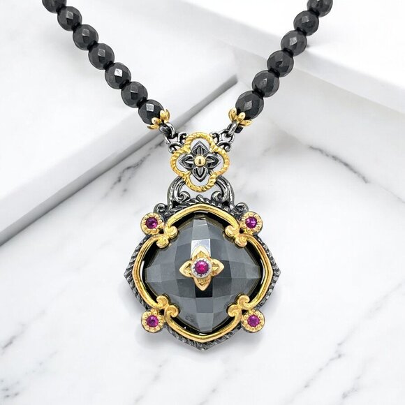 Michael Valitutti Jewelry - Michael Valitutti Hematite and Ruby Accent Necklace in 925 Sterling Silver